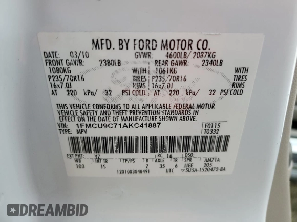 2010 Ford Escape XLS with VIN 1FMCU9C71AKC41887, listed as a Copart auction lot 87117884 with 126,687 mi miles and Clean title. Bid and sale history available at DreamBid. Image 13.