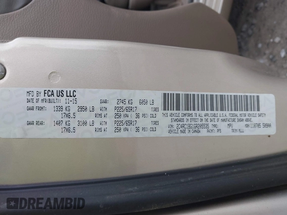 2016 Chrysler Town & Country Touring with VIN 2C4RC1BG1GR205535, listed as a IAAI auction lot 41183078 with 99,968 mi miles and . Bid and sale history available at DreamBid. Image 9.
