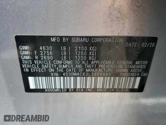 2020 Subaru Legacy Premium z VIN 4S3BWAC63L3020095, wystawiony jako Copart lot #58892395 z przebiegiem 19 359 mil mil oraz Szkoda całkowita • Salvage title. Historia ofert i sprzedaży dostępna na DreamBid. Obrazek 12.