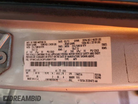 2015 Ford Escape Titanium with VIN 1FMCU0JX3FUB81735, listed as a Copart auction lot 61622995 with 154,932 mi miles and Clean title. Bid and sale history available at DreamBid. Image 13.