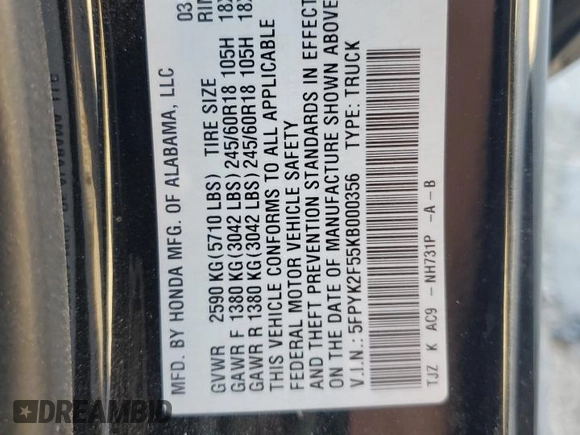 2019 Honda Ridgeline RTL с VIN 5FPYK2F55KB000356, выставлен на аукционе Copart как лот 83909124 с пробегом 89 763 миль миль и Списание • Salvage title. История ставок и продаж доступна на DreamBid. Изображение 13.