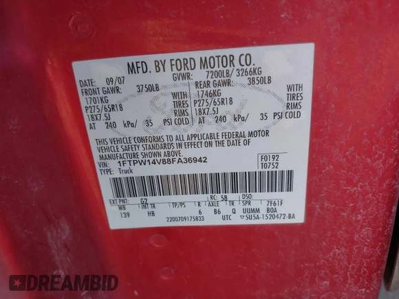 2008 Ford F-150 XLT with VIN 1FTPW14V88FA36942, listed as a IAAI auction lot 42640769 with 283,316 mi miles and . Bid and sale history available at DreamBid. Image 9.