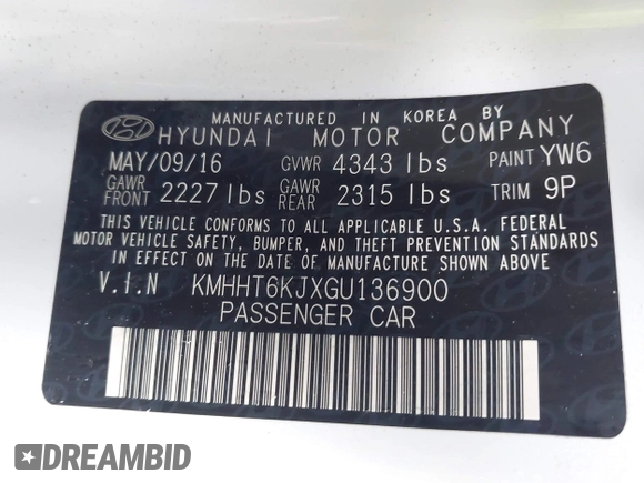2016 Hyundai Genesis Coupe 3.8L Base with VIN KMHHT6KJXGU136900, listed as a IAAI auction lot 42203757 with 90,258 mi miles and . Bid and sale history available at DreamBid. Image 9.