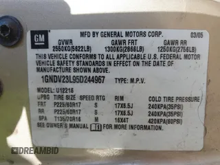2005 Chevrolet Uplander LS with VIN 1GNDV23L95D244967, listed as a IAAI auction lot 41770411 with 132,427 mi miles and . Bid and sale history available at DreamBid. Image 9.