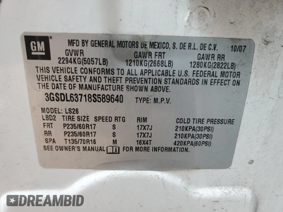 2008 Saturn VUE XR with VIN 3GSDL63718S589640, listed as a Copart auction lot 51495715 with 195,083 mi miles and Salvage Title. Bid and sale history available at carsss.com. Image 13.