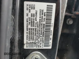2010 Honda Crosstour EX-L z VIN 5J6TF1H50AL010040, wystawiony jako Copart lot #45092214 z przebiegiem Nie podano mil oraz Szkoda całkowita • Salvage title. Historia ofert i sprzedaży dostępna na DreamBid. Obrazek 12.