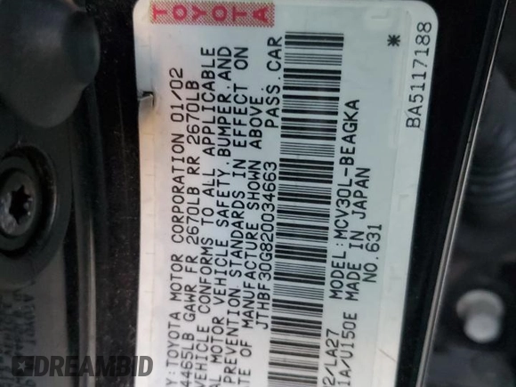 2002 Lexus ES 300 with VIN JTHBF30G820034663, listed as a Copart auction lot 86372184 with 133,837 mi miles and Salvage title. Bid and sale history available at DreamBid. Image 12.