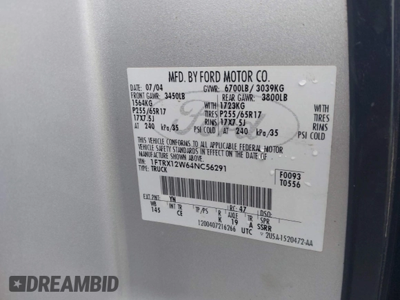2004 Ford F-150 STX with VIN 1FTRX12W64NC56291, listed as a IAAI auction lot 42729799 with 188,064 mi miles and . Bid and sale history available at DreamBid. Image 9.