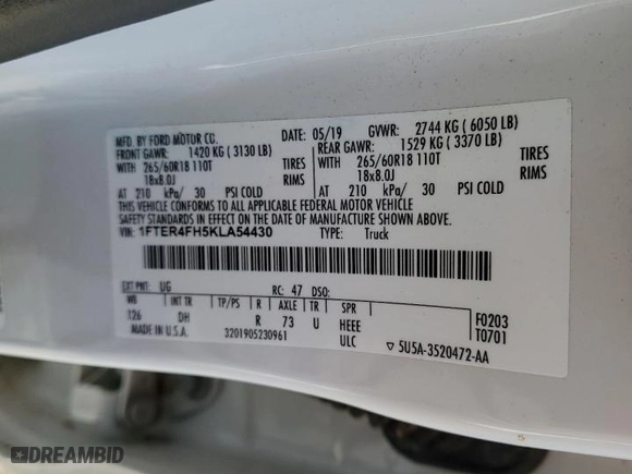 2019 Ford Ranger XL with VIN 1FTER4FH5KLA54430, listed as a Copart auction lot 43701485 with 58,607 mi miles and Salvage Title. Bid and sale history available at carsss.com. Image 12.