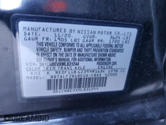 2021 Nissan Versa SV with VIN 3N1CN8EVXML831244, listed as a Copart auction lot 46722685 with 75,837 mi miles and Salvage Title. Bid and sale history available at carsss.com. Image 14.