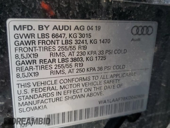 2019 Audi Q7 Premium Plus with VIN WA1LAAF78KD042605, listed as a Copart auction lot 56993735 with 67,601 mi miles and Salvage title. Bid and sale history available at DreamBid. Image 13.