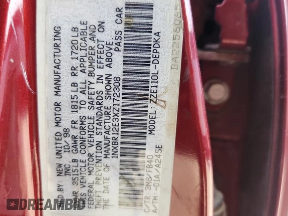 1999 Toyota Corolla VE z VIN 1NXBR12E3XZ172308, wystawiony jako Copart lot #65783485 z przebiegiem 74 333 mil mil oraz Nie do naprawy • Non repairable. Historia ofert i sprzedaży dostępna na DreamBid. Obrazek 12.