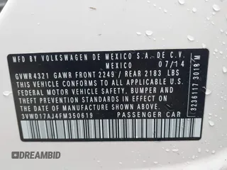 2015 Volkswagen Jetta Sedan 1.8T SE with VIN 3VWD17AJ4FM350619, listed as a IAAI auction lot 41917719 with 135,561 mi miles. Bid and sale history available at carsss.com. Image 9.