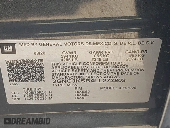 2020 Chevrolet Trax LS with VIN 3GNCJKSB4LL273803, listed as a IAAI auction lot 42243637 with 98,781 mi miles and . Bid and sale history available at DreamBid. Image 9.