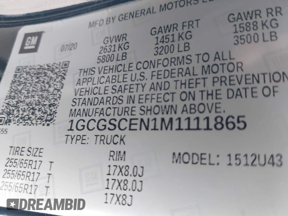 2021 Chevrolet Colorado 2WD LT with VIN 1GCGSCEN1M1111865, listed as a IAAI auction lot 41650905 with 58,389 mi miles and . Bid and sale history available at DreamBid. Image 9.