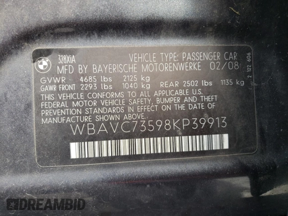 2008 BMW 3 Series 328xi with VIN WBAVC73598KP39913, listed as a Copart auction lot 81356404 with 93,823 mi miles and Non Repairable. Bid and sale history available at carsss.com. Image 12.