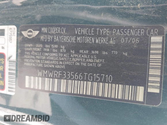 2006 MINI Convertible with VIN WMWRF33566TG15710, listed as a IAAI auction lot 41636955 with Not Provided miles and . Bid and sale history available at DreamBid. Image 9.