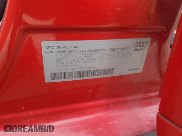 2005 Audi A4 SE с VIN WAULC68E35A068735, выставлен на аукционе Copart как лот 55975355 с пробегом 146 463 миль миль и Списание • Salvage title. История ставок и продаж доступна на DreamBid. Изображение 12.