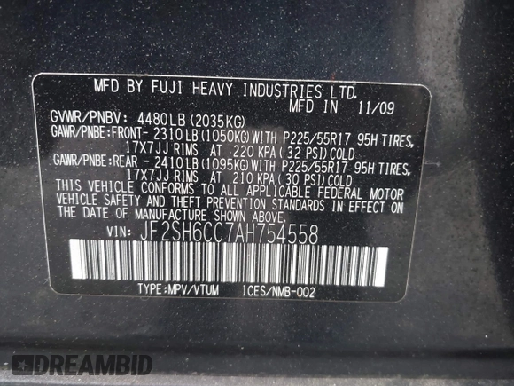 2010 Subaru Forester X Premium with VIN JF2SH6CC7AH754558, listed as a IAAI auction lot 42398156 with Not provided miles and . Bid and sale history available at DreamBid. Image 9.
