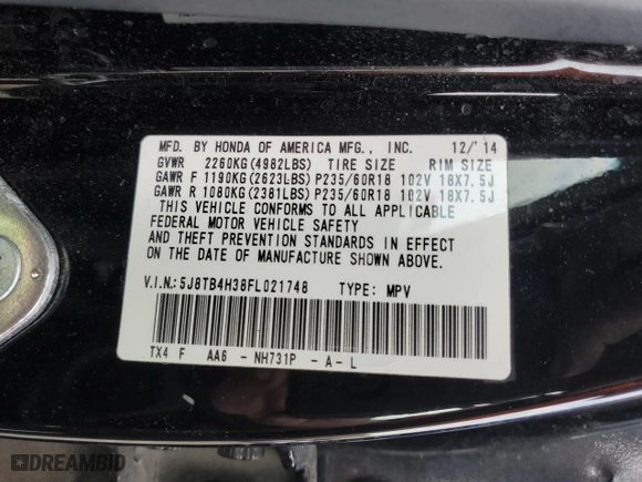 2015 Acura RDX with VIN 5J8TB4H38FL021748, listed as a Copart auction lot 48562565 with 125,208 mi miles and Salvage Title. Bid and sale history available at carsss.com. Image 14.