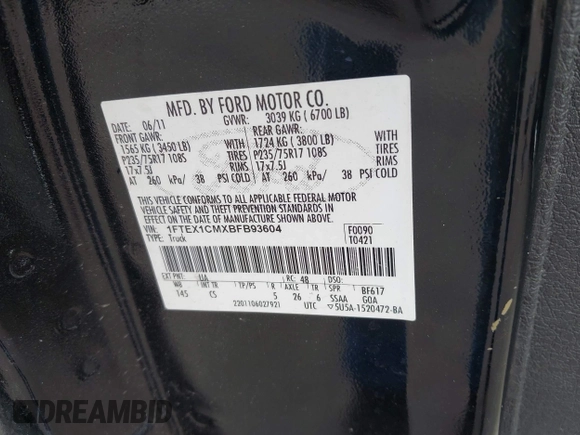2011 Ford F-150 XL with VIN 1FTEX1CMXBFB93604, listed as a IAAI auction lot 42057008 with 251,614 mi miles and . Bid and sale history available at DreamBid. Image 9.