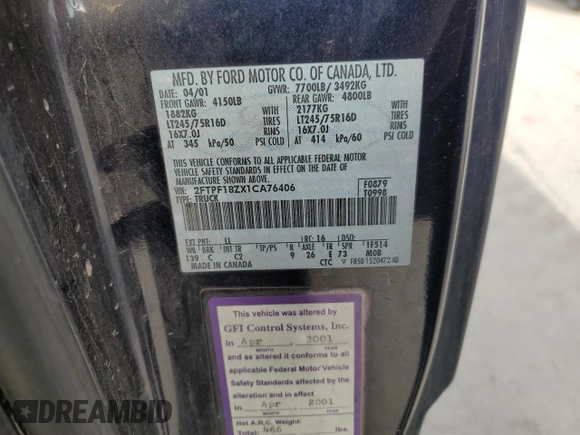 2001 Ford F-150 XL with VIN 2FTPF18ZX1CA76406, listed as a Copart auction lot 80783234 with Not provided miles and Clean title. Bid and sale history available at DreamBid. Image 12.