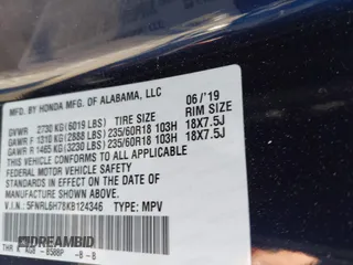 2019 Honda Odyssey EX-L with VIN 5FNRL6H78KB124346, listed as a IAAI auction lot 41977283 with 83,054 mi miles. Bid and sale history available at carsss.com. Image 9.