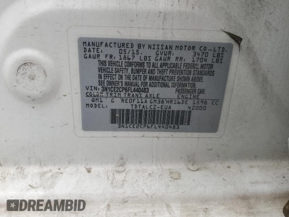 2015 Nissan Note SV with VIN 3N1CE2CP6FL440483, listed as a Copart auction lot 55445035 with 97,555 mi miles and Clean Title. Bid and sale history available at DreamBid. Image 12.
