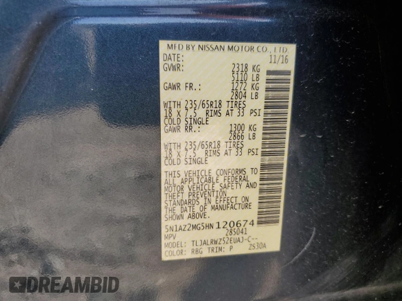 2017 Nissan Murano SL with VIN 5N1AZ2MG5HN120674, listed as a Copart auction lot 50034015 with 83,393 mi miles and Salvage Title. Bid and sale history available at DreamBid. Image 16.