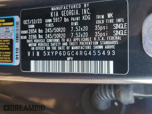 2024 Kia Telluride S with VIN 5XYP6DGC4RG455493, listed as a Copart auction lot 70184074 with 4,067 mi miles and Salvage title. Bid and sale history available at DreamBid. Image 13.