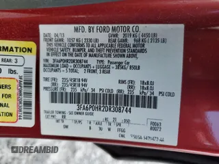 2013 Ford Fusion SE with VIN 3FA6P0HR2DR308744, listed as a Copart auction lot 52865015 with 167,290 mi miles and Clean Title. Bid and sale history available at carsss.com. Image 12.