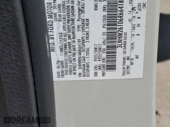 2006 Lincoln Zephyr z VIN 3LNHM26106R664189, wystawiony jako Copart lot #52370685 z przebiegiem Nie podano mil oraz Szkody całkowita. Historia ofert i sprzedaży dostępna na DreamBid. Obrazek 14.