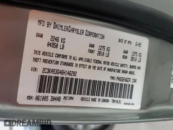 2006 Chrysler 300 Touring with VIN 2C3KA53G46H146292, listed as a Copart auction lot 50248275 with 189,291 mi miles and Salvage Title. Bid and sale history available at carsss.com. Image 15.