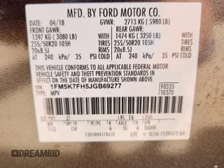 2018 Ford Explorer Limited with VIN 1FM5K7FH5JGB69277, listed as a Copart auction lot 56434715 with 73,933 mi miles and Clean title. Bid and sale history available at DreamBid. Image 13.