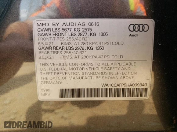 2017 Audi SQ5 Premium Plus with VIN WA1CCAFP5HA009940, listed as a Copart auction lot 55083185 with 106,962 mi miles and Salvage title. Bid and sale history available at DreamBid. Image 13.