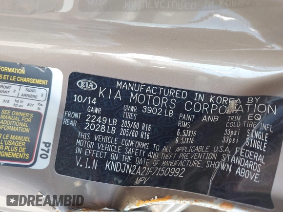 2015 Kia Soul with VIN KNDJN2A21F7150992, listed as a IAAI auction lot 41487863 with 1 mi miles. Bid and sale history available at carsss.com. Image 9.