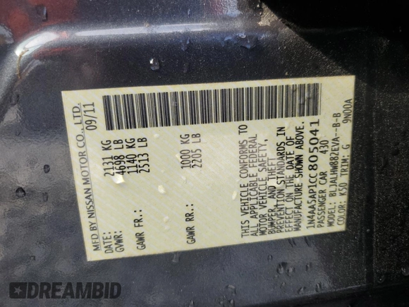 2012 Nissan Maxima SV with VIN 1N4AA5AP1CC805041, listed as a Copart auction lot 60333875 with 170,710 mi miles and Salvage title. Bid and sale history available at DreamBid. Image 13.
