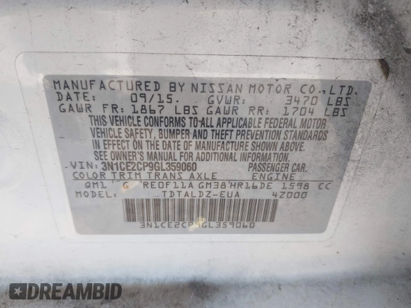 2016 Nissan Note S Plus with VIN 3N1CE2CP9GL359060, listed as a IAAI auction lot 41655984 with 93,925 mi miles and . Bid and sale history available at DreamBid. Image 9.
