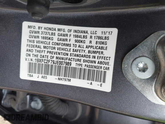 2018 Honda Civic Sedan EX with VIN 19XFC2F79JE007989, listed as a IAAI auction lot 41860829 with 72,223 mi miles. Bid and sale history available at carsss.com. Image 9.