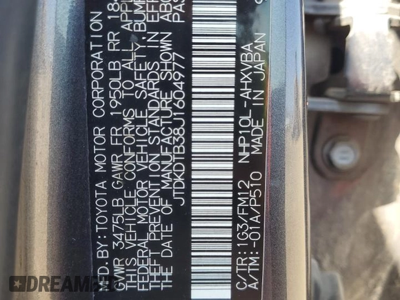 2018 Toyota Prius One with VIN JTDKDTB38J1604977, listed as a Copart auction lot 54599095 with 86,443 mi miles and Salvage Title. Bid and sale history available at DreamBid. Image 12.