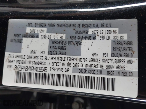 2024 Mazda 3 S Select Sport with VIN 3MZBPABM1RM408945, listed as a IAAI auction lot 42398805 with 42,283 mi miles and . Bid and sale history available at DreamBid. Image 9.