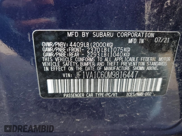 2021 Subaru WRX Premium with VIN JF1VA1C60M9816447, listed as a Copart auction lot 67409443 with 18,862 mi miles. Bid and sale history available at carsss.com. Image 14.