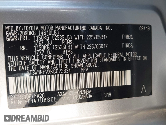 2019 Toyota RAV4 XLE with VIN 2T3W1RFVXKC023834, listed as a IAAI auction lot 41802204 with 78,187 mi miles. Bid and sale history available at carsss.com. Image 9.