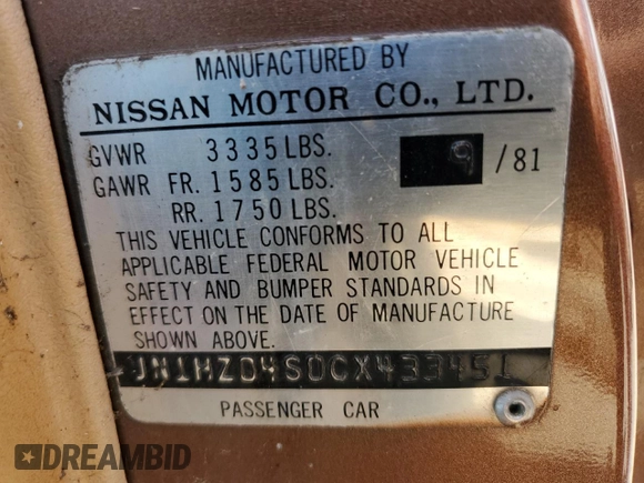 1982 Datsun 280ZX z VIN JN1HZ04S0CX433451, wystawiony jako Copart lot #53912864 z przebiegiem 200 629 mil mil oraz Tytuł czysty. Historia ofert i sprzedaży dostępna na DreamBid. Obrazek 12.