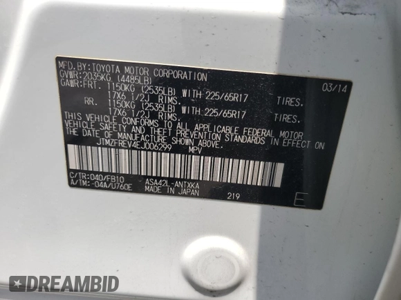 2014 Toyota RAV4 LE with VIN JTMZFREV4EJ006299, listed as a Copart auction lot 62403265 with 130,215 mi miles and Salvage title. Bid and sale history available at DreamBid. Image 14.
