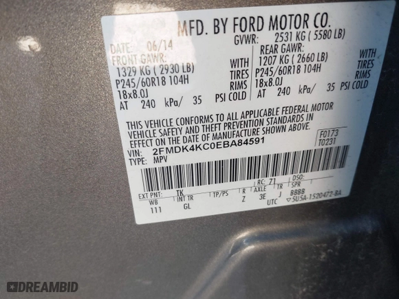 2014 Ford Edge Limited with VIN 2FMDK4KC0EBA84591, listed as a IAAI auction lot 42138076 with 152,375 mi miles. Bid and sale history available at carsss.com. Image 9.