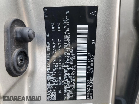 2015 Toyota Sienna LE AAS with VIN 5TDKK3DC9FS589533, listed as a Copart auction lot 88793785 with 127,683 mi miles and Non Repairable. Bid and sale history available at DreamBid. Image 15.
