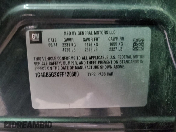 2015 Buick LaCrosse Leather with VIN 1G4GB5G3XFF120380, listed as a Copart auction lot 52153435 with 189,444 mi miles and Salvage Title. Bid and sale history available at DreamBid. Image 12.