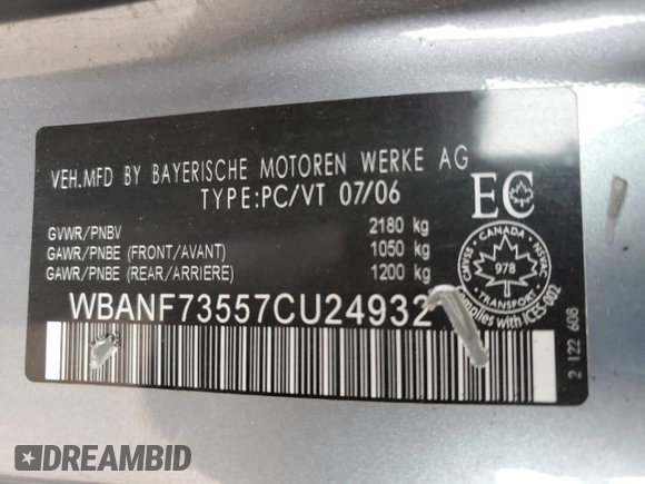 2007 BMW 5 Series 530xi with VIN WBANF73557CU24932, listed as a Copart auction lot 50828015 with Not Provided miles and Clean Title. Bid and sale history available at carsss.com. Image 13.