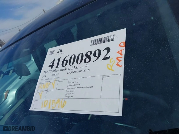 2014 Dodge Grand Caravan SXT 30th Anniversary with VIN 2C4RDGCG7ER122042, listed as a IAAI auction lot 41600892 with 101,596 mi miles. Bid and sale history available at carsss.com. Image 11.